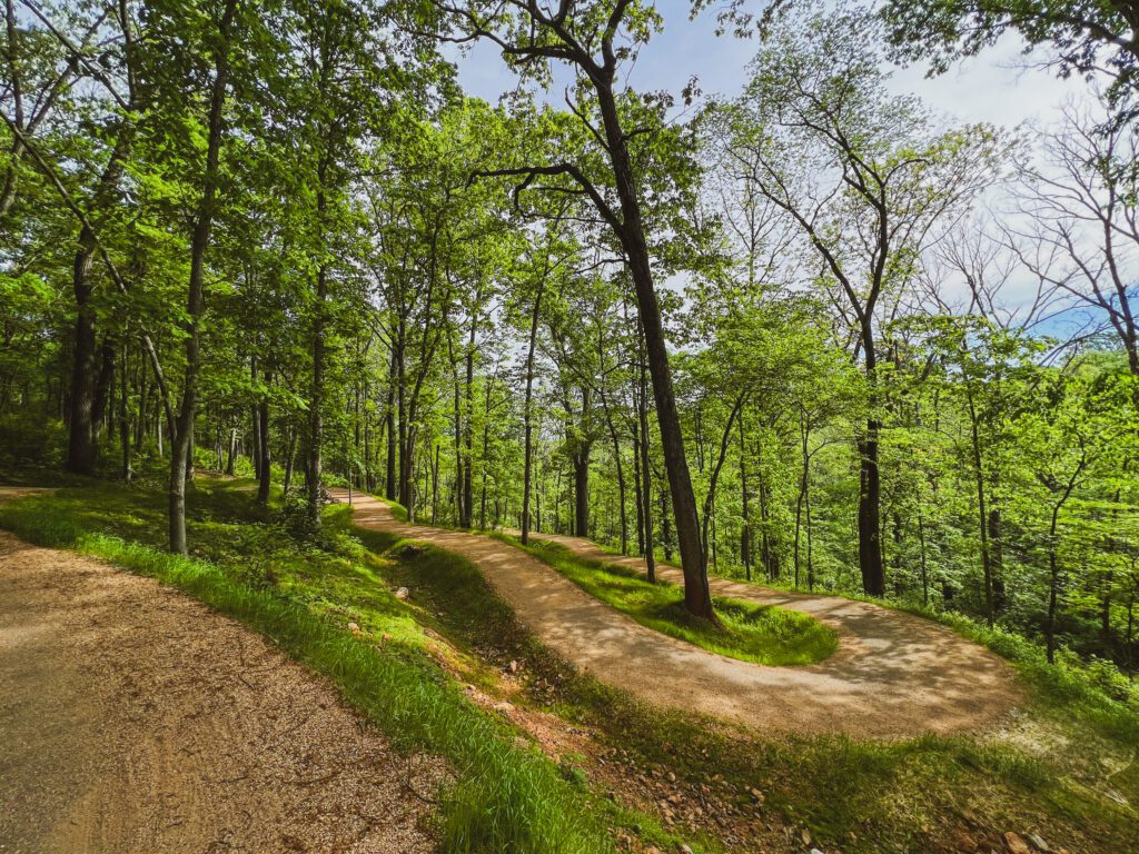 A gravel path with switchbacks and trees.