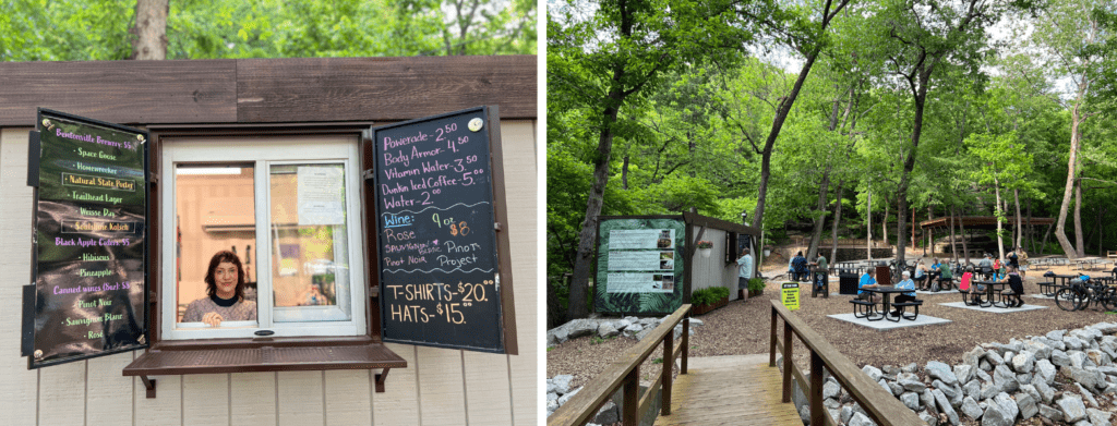 2 images of a bartender inside the Gear Garden and tables and chairs in the seating area.