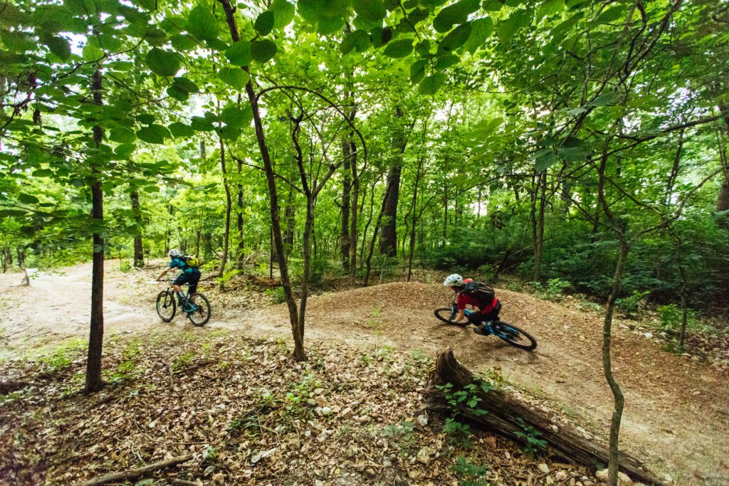 2 mountain bike riders riding on the dirt trail.