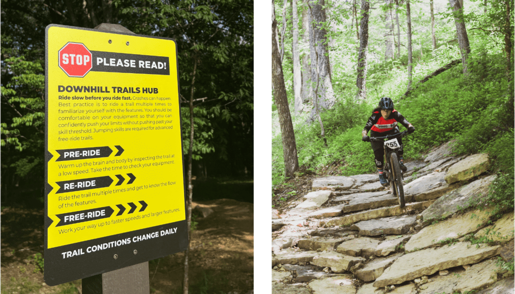 Collage with a yellow sign warning downhill riders and a photo of a Latina racer going down a rock garden.