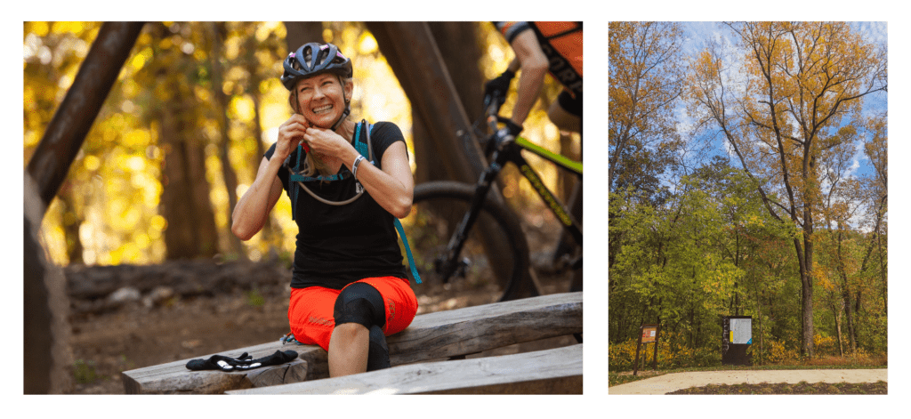 Collage of fall photos with yellow leaves on the trail