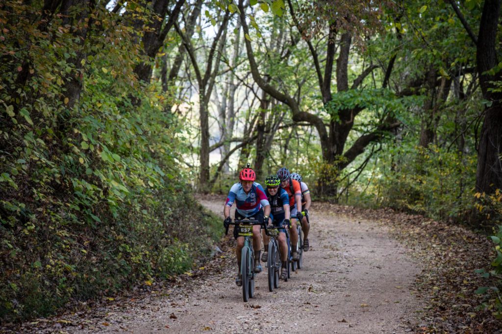 Racers on a gravel bike course