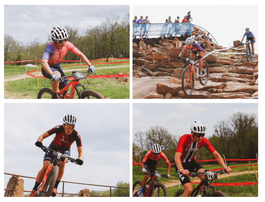 Collage of photos of mountain bike racers on the race course