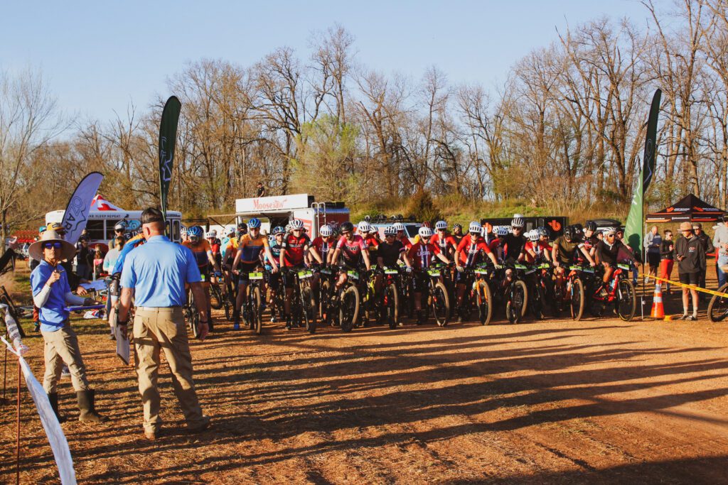 A wide shot of racers at the starting line.