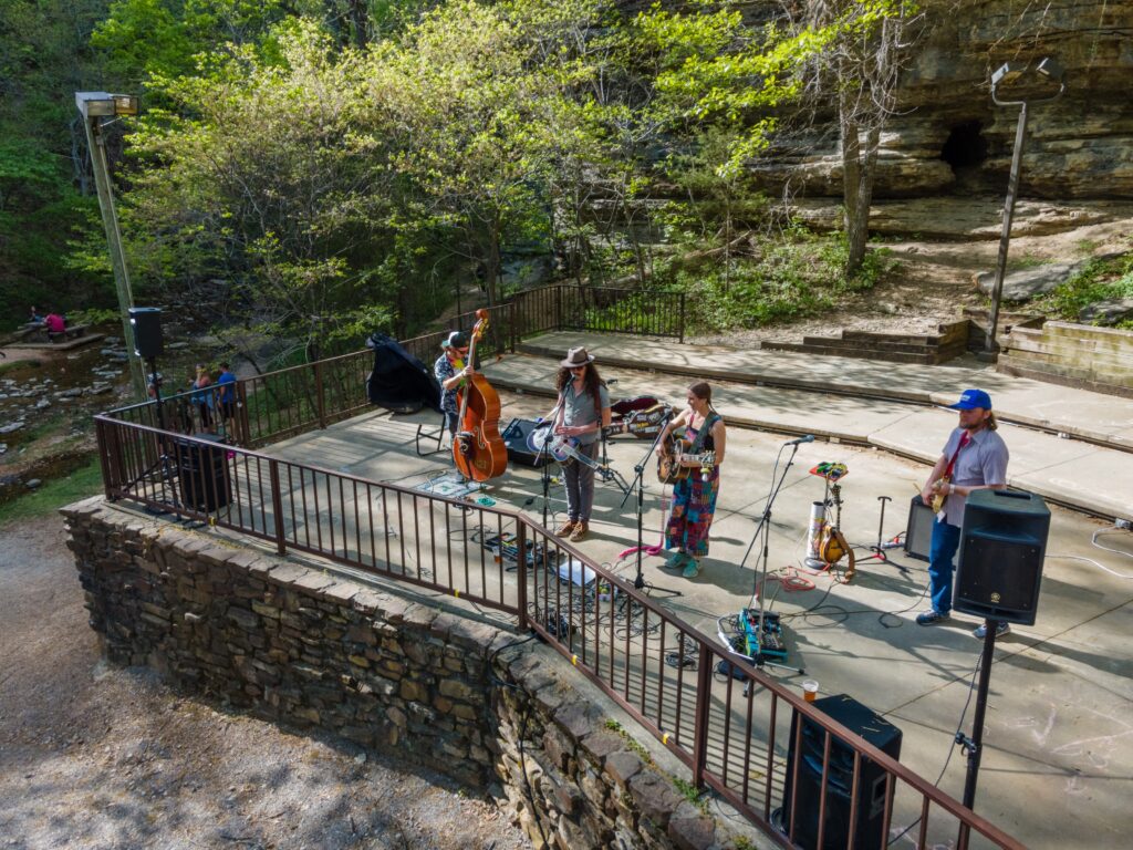 Aerial image of band performing at Gear Garden.