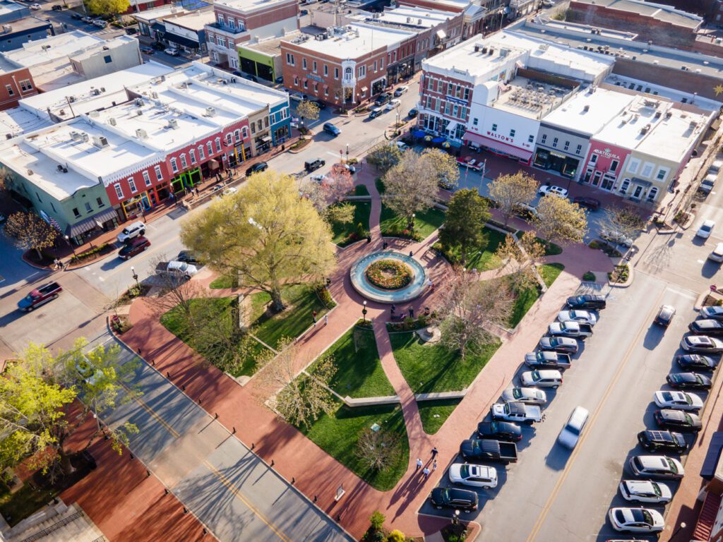 Aerial drone photo of the downtown Bentonville square